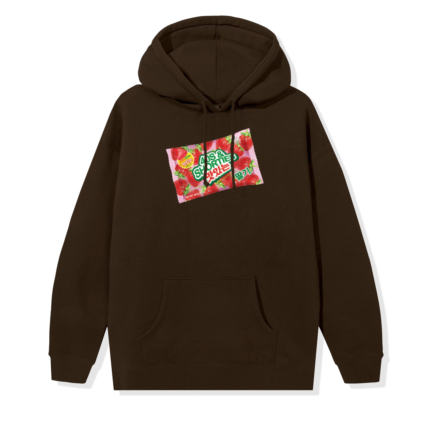 Front view of Gummy Hoodie with candy packet artwork on chest

