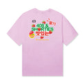 Back of pink cotton tee with large "40s & Shorties" strawberry graphic and bold Korean characters, inspired by gummy candy packaging.
