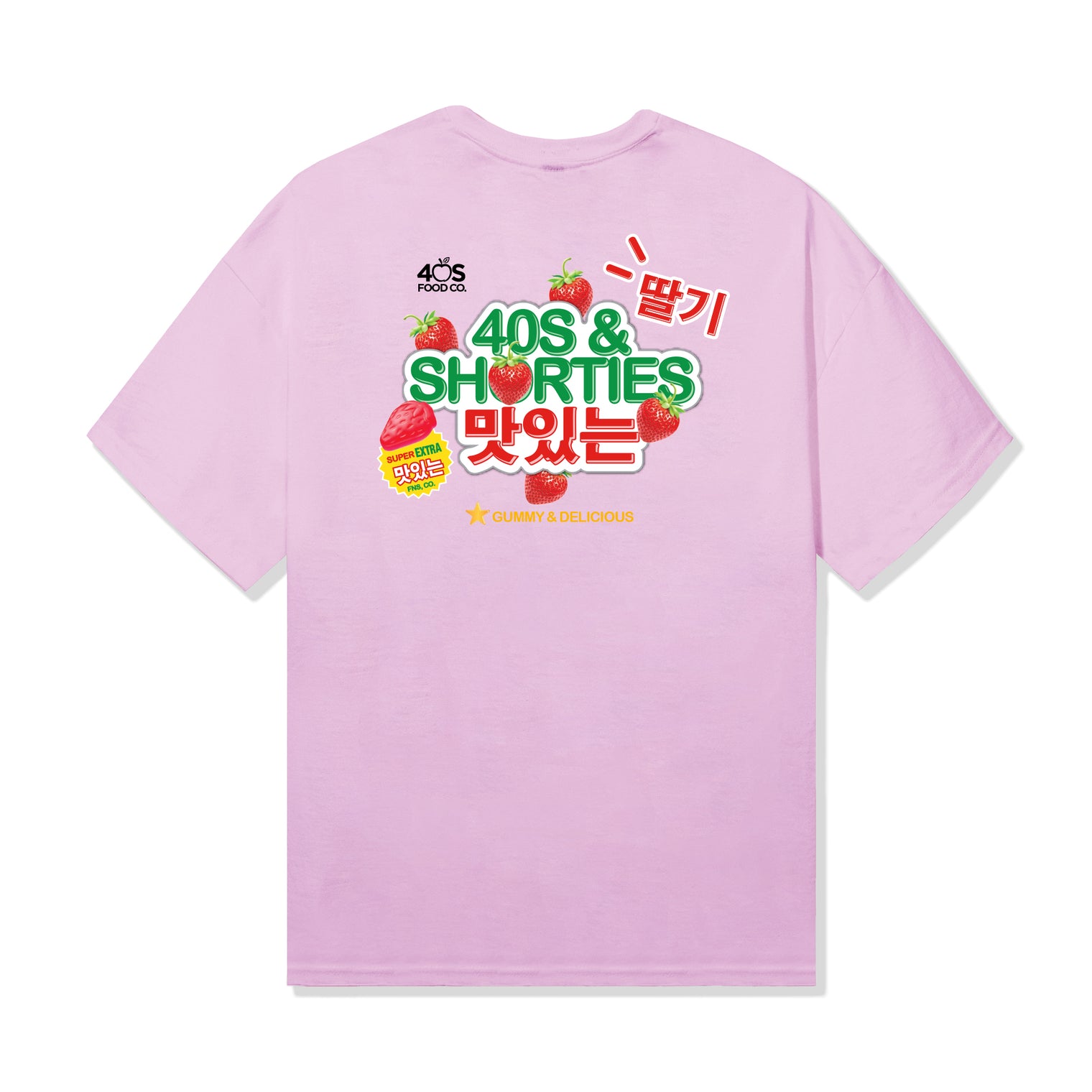 Back of pink cotton tee with large "40s & Shorties" strawberry graphic and bold Korean characters, inspired by gummy candy packaging.