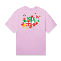 Back of pink cotton tee with large "40s & Shorties" strawberry graphic and bold Korean characters, inspired by gummy candy packaging.