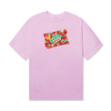 Front of pink cotton tee featuring a colorful strawberry candy package print with Korean text and 40s & Shorties branding.

