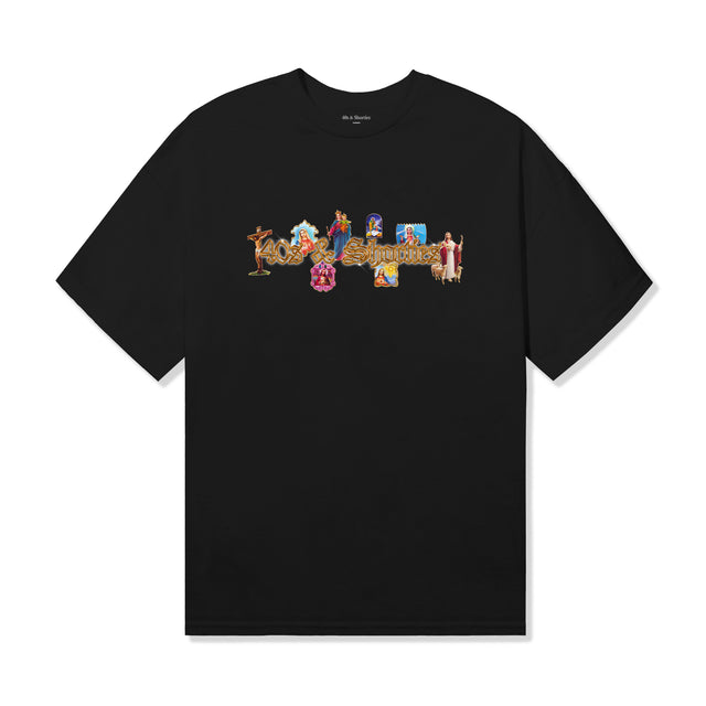 Black short sleeve t-shirt with 40s & Shorties logo reworked in religious iconography across the chest.