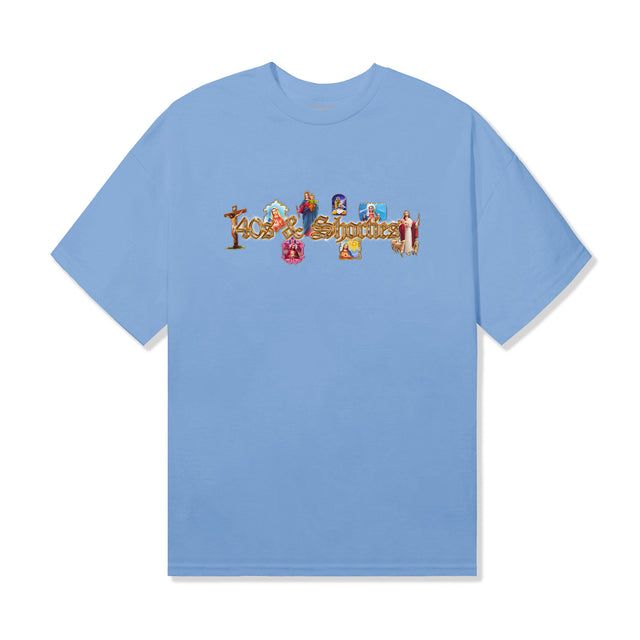Light blue tee with 40s & Shorties logo graphic made of religious icons across the chest.