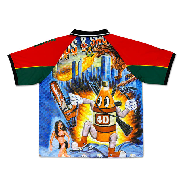 Back view of 40s x D.A. Jasper Soccer Jersey featuring a full mural with a 40oz character, dinosaur, flames, and cityscape.