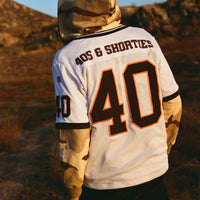 Back view of 40s & Shorties Jackson Jersey Sweater in Desert Camo showing large “40” applique and “40s & Shorties” lettering.
