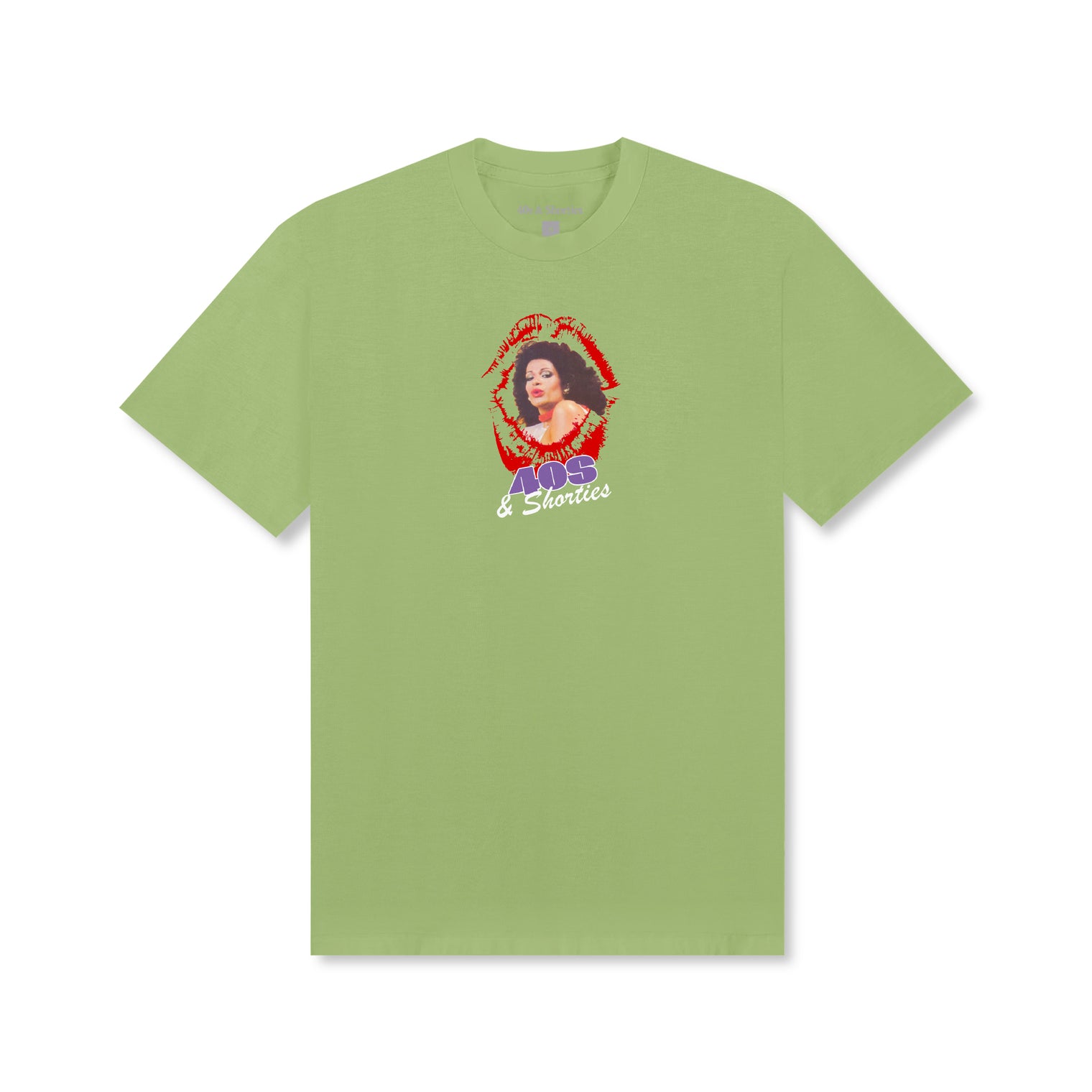 Front view of the Lucious Tee in Pistachio featuring a printed graphic of a woman framed by red lips above a purple and white "40s & Shorties" logo.