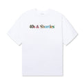 Front view of white tee with multicolor 40s & Shorties printed text logo across the chest