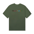 Front view of olive green tee with multicolor 40s & Shorties printed text logo across the chest