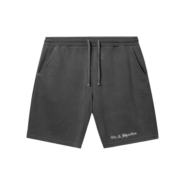 Front view of OG Logo Fleece Shorts in Charcoal with embroidered 40s & Shorties logo near the hem
