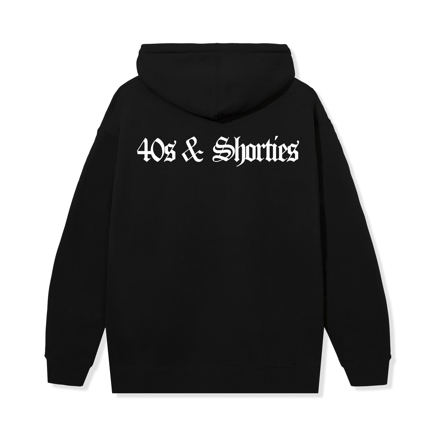Back view of the OG Text Logo Hoodie in Black featuring large 40s & Shorties print
