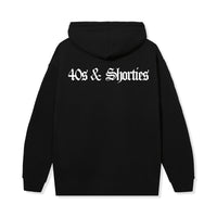 Back view of the OG Text Logo Hoodie in Black featuring large 40s & Shorties print
