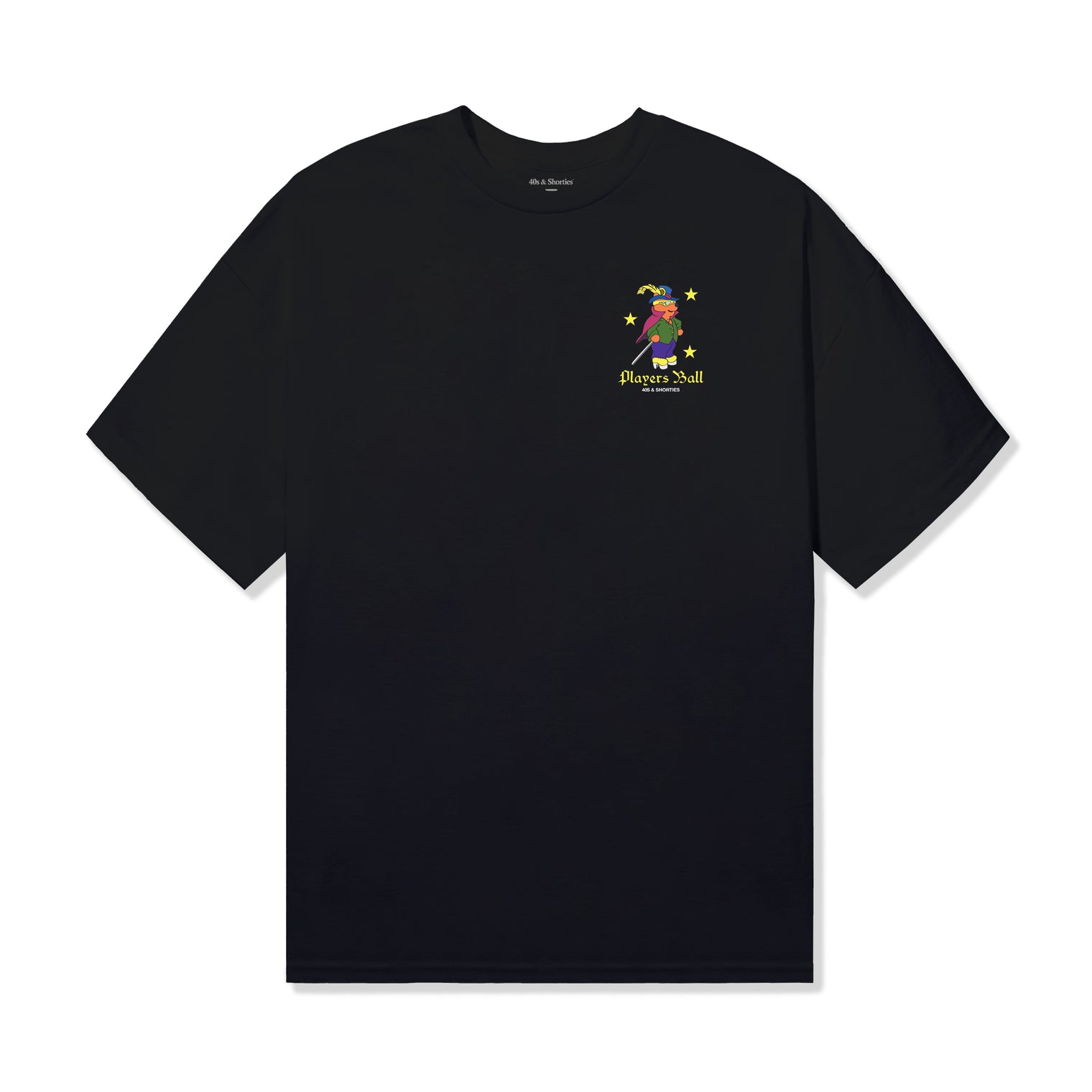 Front view of the Players Ball Tee in black featuring small chest graphic with animated character and "Players Ball" text