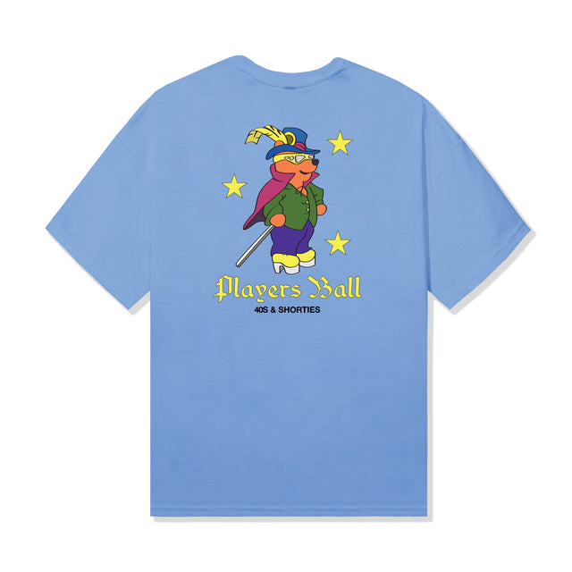 Carolina Blue 40s & Shorties Players Ball Tee with back graphic of animated character in retro outfit surrounded by stars and "Players Ball" text
