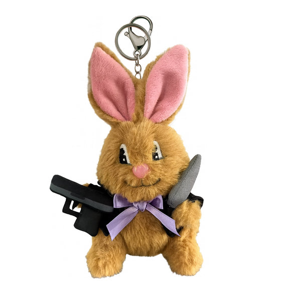 Psycho Bunny Plush Keychain by 40s & Shorties – plush bunny with pink bow, leather vest, and keyring