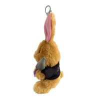 Side view of Psycho Bunny Plush Keychain – soft plush bunny with faux leather vest and detachable keyring