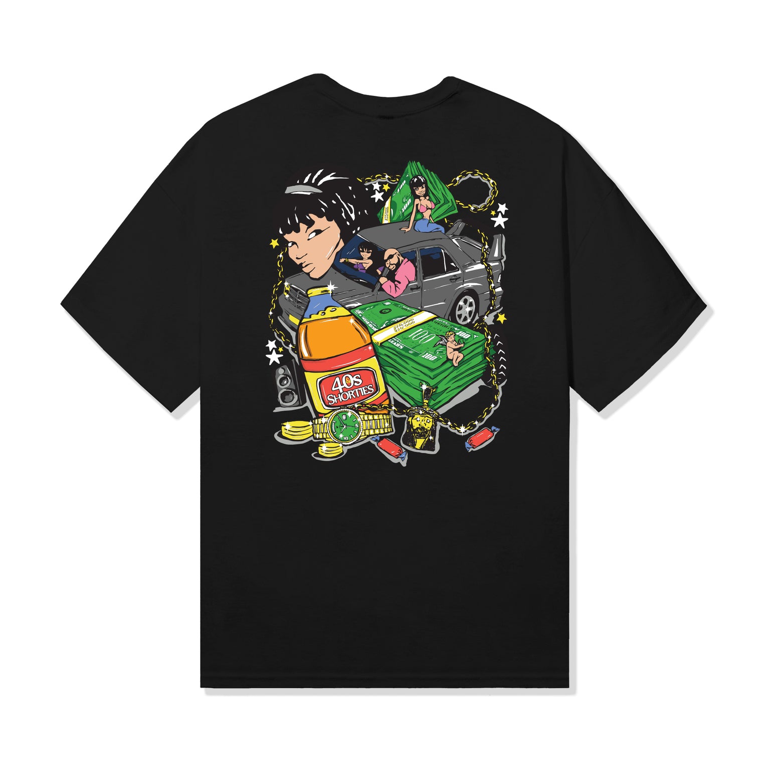 Back of Pull Up Tee Black with illustrated street-style characters and graphics