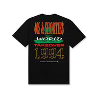 Back of black t-shirt with multicolor '40s & Shorties', 'World Takeover', and '1994' text stacked in bold fonts