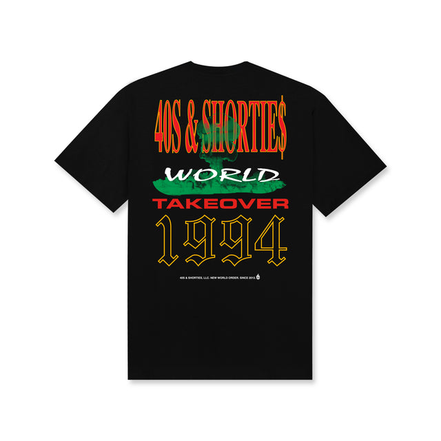 Back of black t-shirt with multicolor '40s & Shorties', 'World Takeover', and '1994' text stacked in bold fonts
