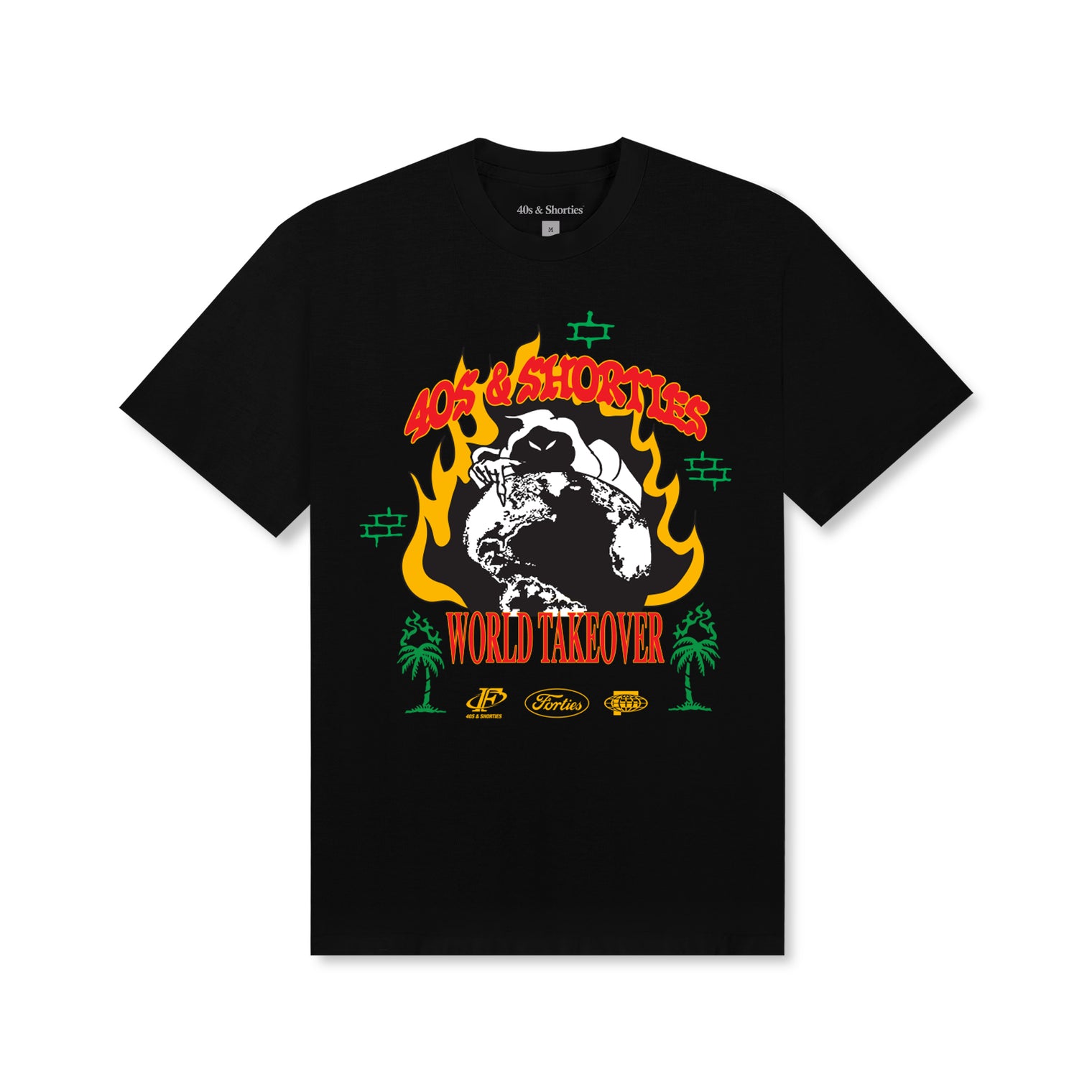 Black t-shirt featuring 40s & Shorties Reaper graphic with flames, a globe, and 'World Takeover' text in red and green