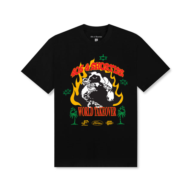 Black t-shirt featuring 40s & Shorties Reaper graphic with flames, a globe, and 'World Takeover' text in red and green
