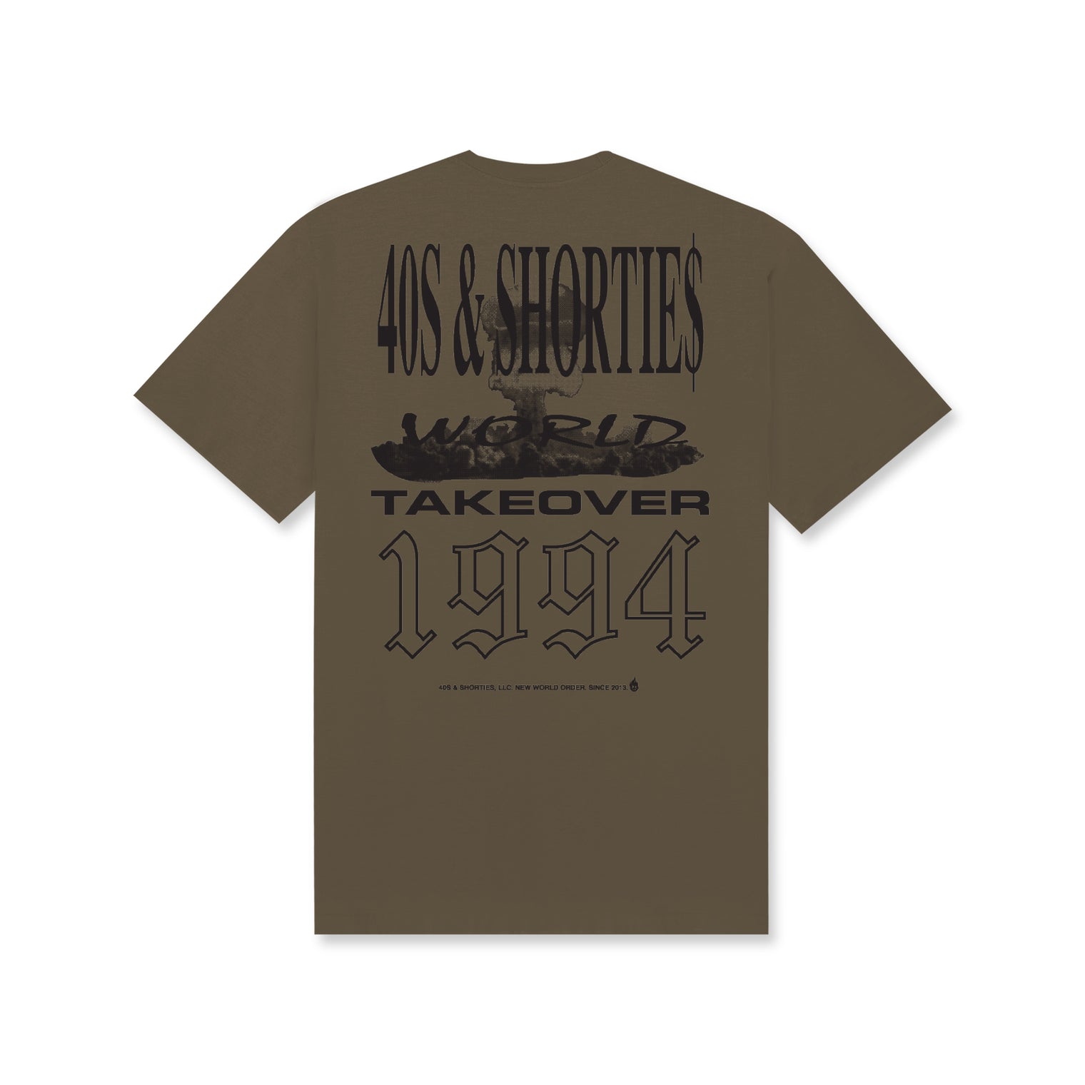 Back of Prairie Dust t-shirt with multicolor '40s & Shorties', 'World Takeover', and '1994' text stacked in bold fonts