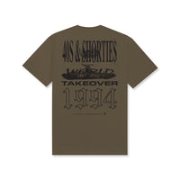 Back of Prairie Dust t-shirt with multicolor '40s & Shorties', 'World Takeover', and '1994' text stacked in bold fonts