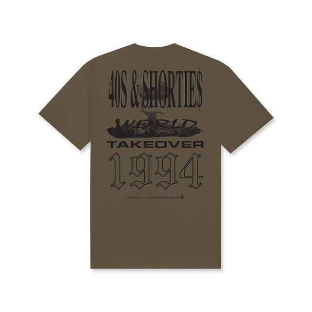 Back of Prairie Dust t-shirt with multicolor '40s & Shorties', 'World Takeover', and '1994' text stacked in bold fonts