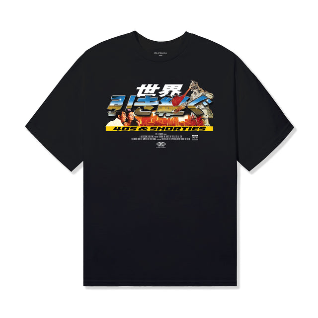 Front view of Robot Invasion Tee in black with full cinematic graphic – 40s & Shorties