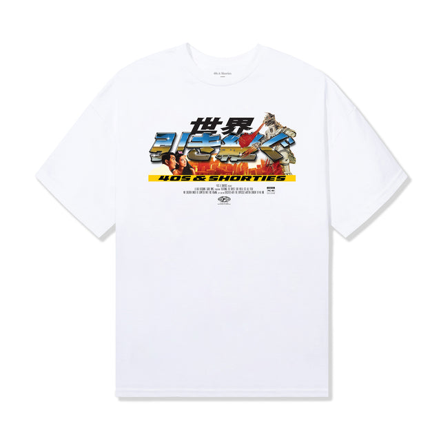 Full view of the 40s & Shorties Robot Invasion Tee in white with large cinematic-style graphic print and 40s