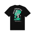 Back view of Shrooming Tee in black with large pink and green mushroom graphic and 40s & Shorties text
