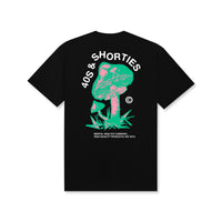 Back view of Shrooming Tee in black with large pink and green mushroom graphic and 40s & Shorties text
