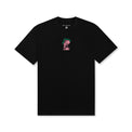 Front view of Shrooming Tee in black with small mushroom chest graphic in pink and green