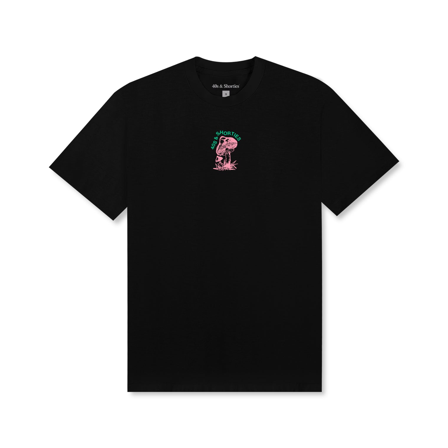 Front view of Shrooming Tee in black with small mushroom chest graphic in pink and green