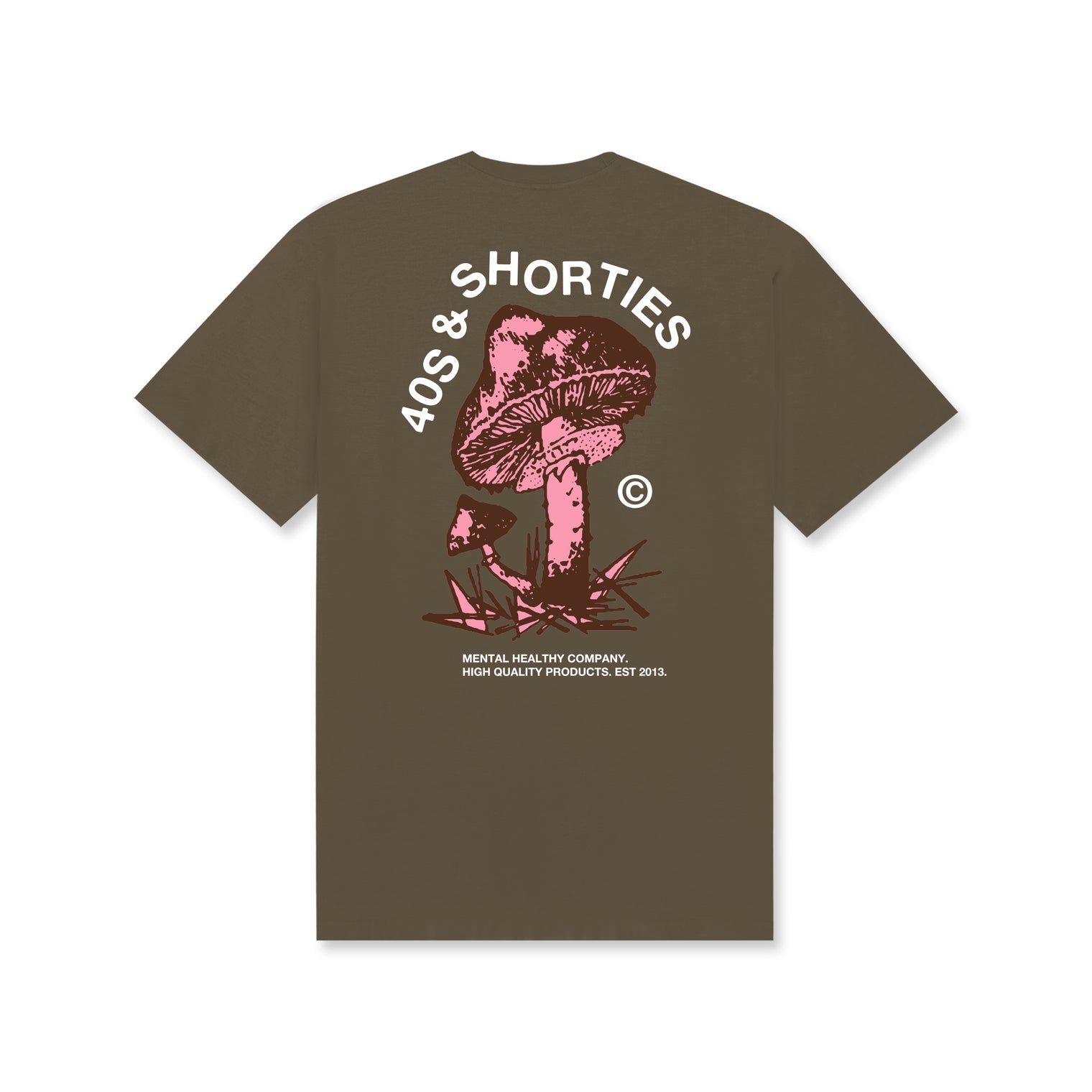 Back view of Shrooming Tee in Prairie Dust with large pink and green mushroom graphic and 40s & Shorties text
