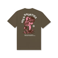 Back view of Shrooming Tee in Prairie Dust with large pink and green mushroom graphic and 40s & Shorties text
