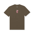 Front view of Shrooming Tee in Prairie Dust with small mushroom chest graphic in pink and green