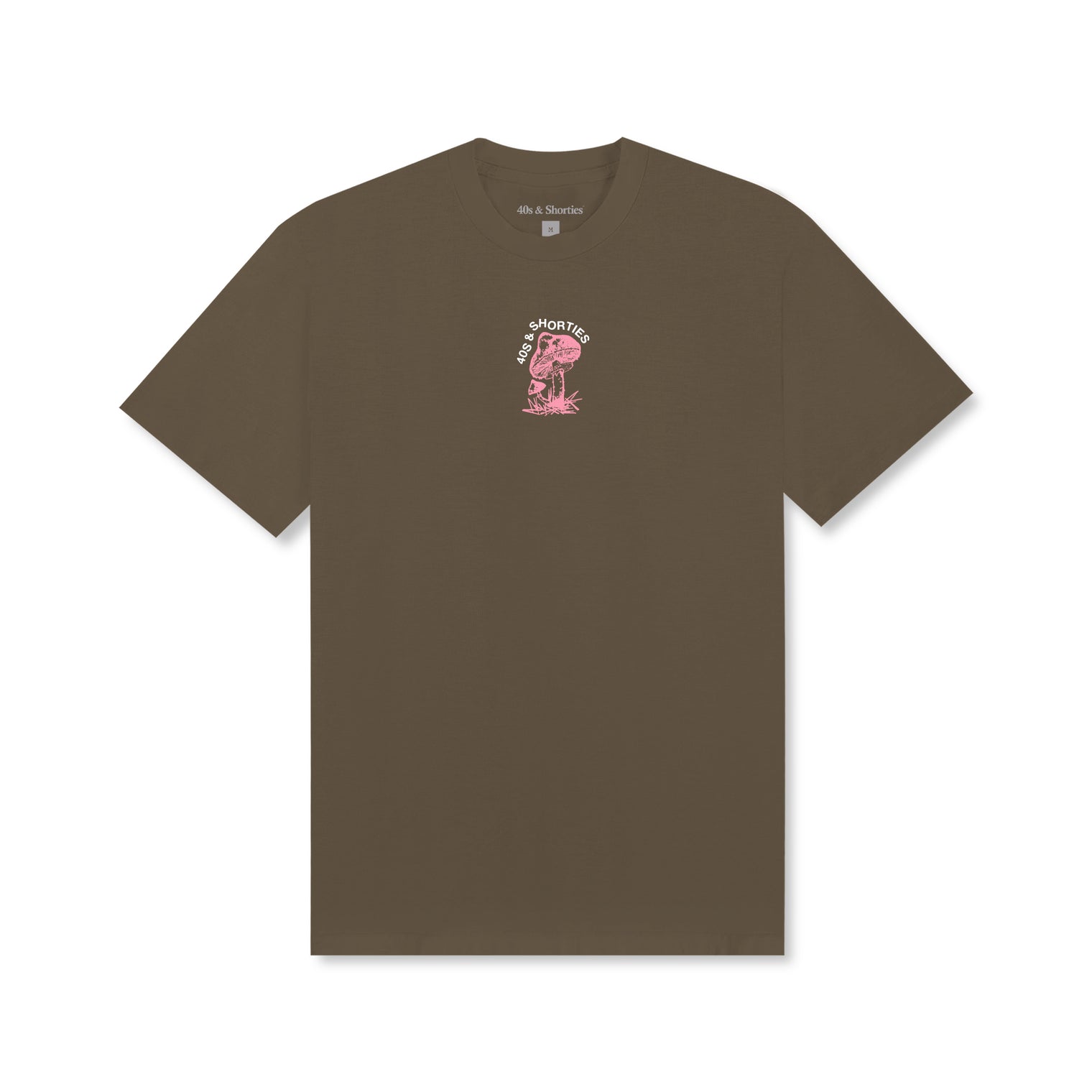 Front view of Shrooming Tee in Prairie Dust with small mushroom chest graphic in pink and green