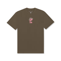 Front view of Shrooming Tee in Prairie Dust with small mushroom chest graphic in pink and green