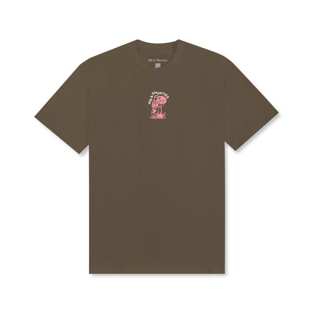 Front view of Shrooming Tee in Prairie Dust with small mushroom chest graphic in pink and green