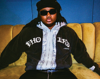 Model seated wearing Triple Zip Hoodie with PHOLKS front artwork
