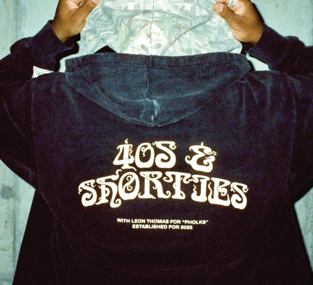 Back view of Triple Zip Hoodie featuring cracked 40s & Shorties graphic
