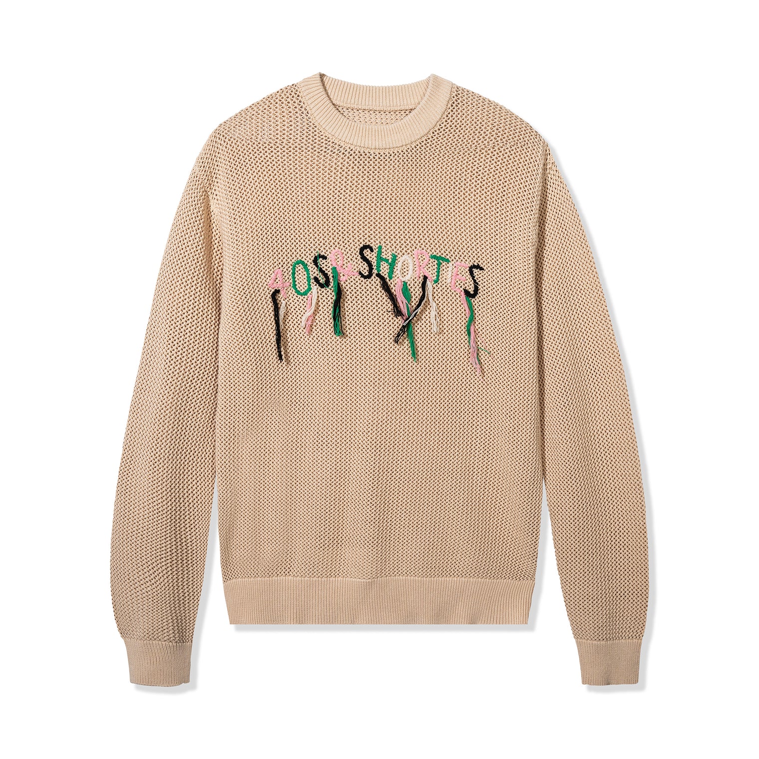 Scribble Logo Sweater in Cream shown flat with colorful hand-stitched 40s & Shorties logo on chest