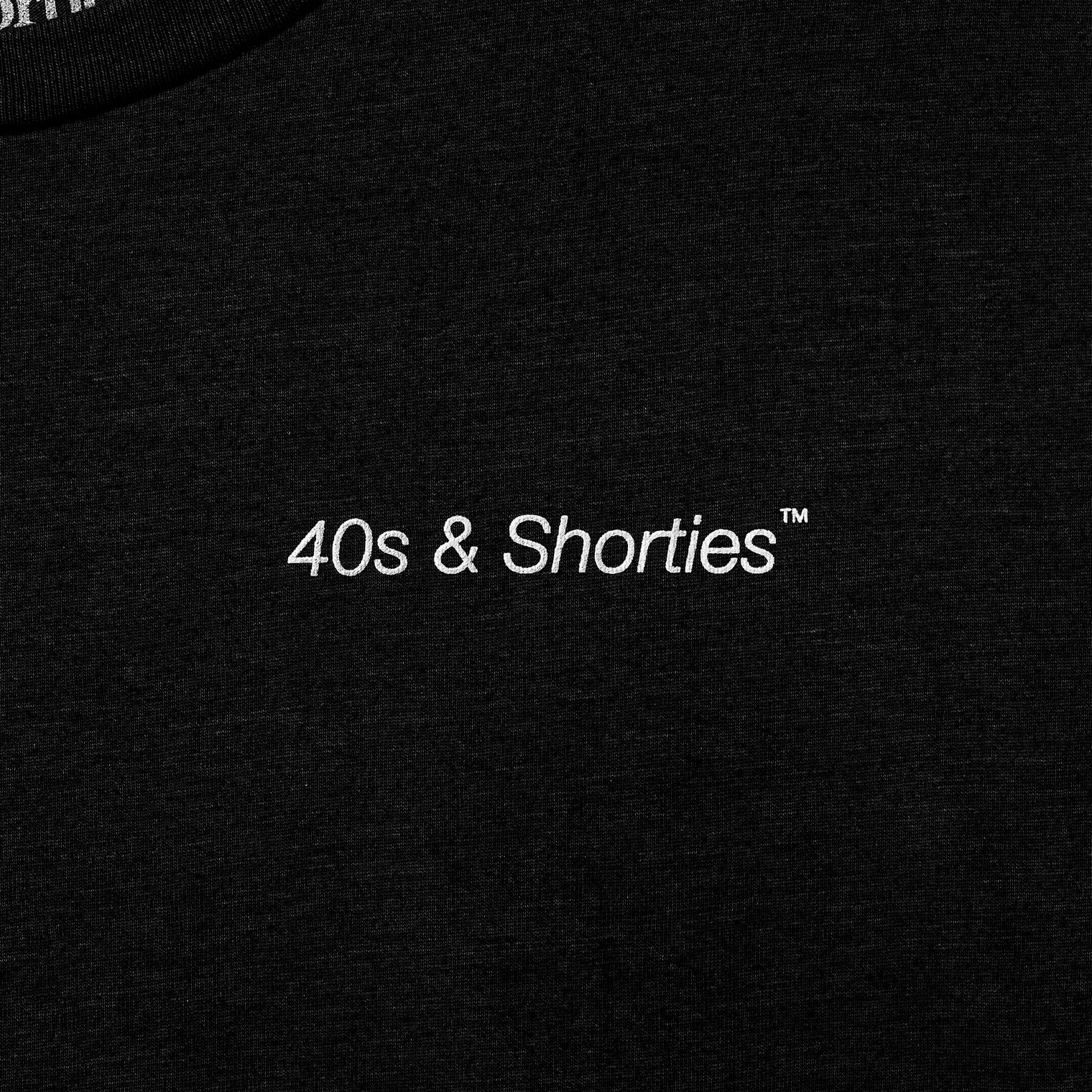 Close-up of printed "40s & Shorties™" text on chest