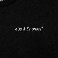 Close-up of printed "40s & Shorties™" text on chest
