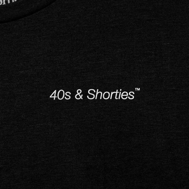 Close-up of printed "40s & Shorties™" text on chest