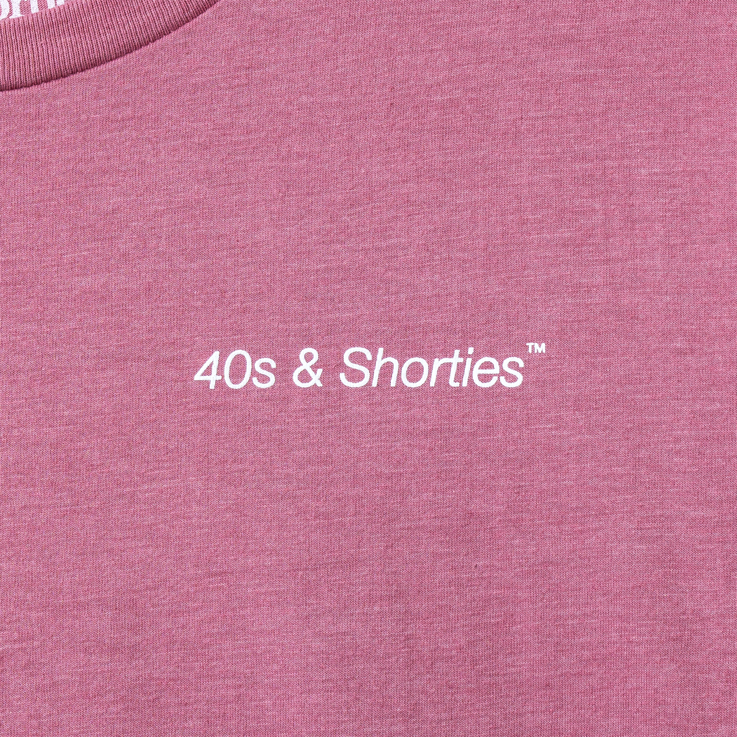 Close-up of printed "40s & Shorties™" text on chest