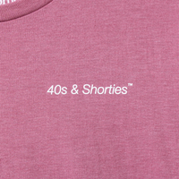 Close-up of printed "40s & Shorties™" text on chest