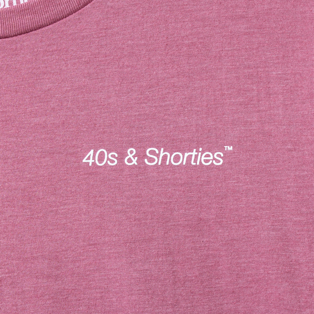 Close-up of printed "40s & Shorties™" text on chest
