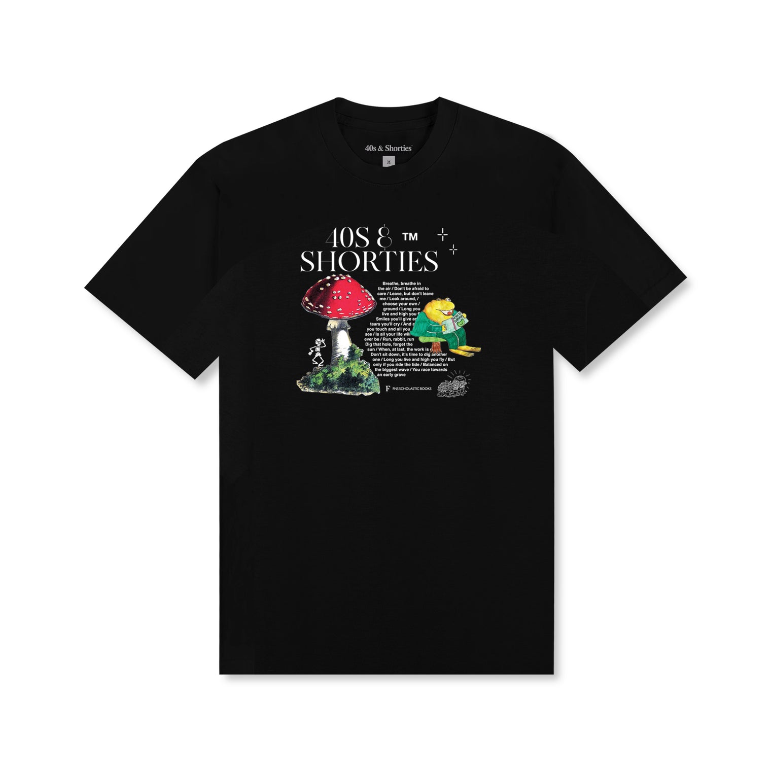 Front view of the Story Time Tee in Black featuring a whimsical mushroom scene and storybook-style text graphic with 40s & Shorties branding.