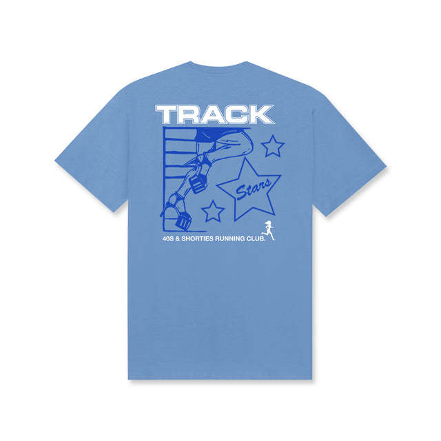 Track Stars Tee – Carolina Blue, back view featuring yellow runner graphic and stars
